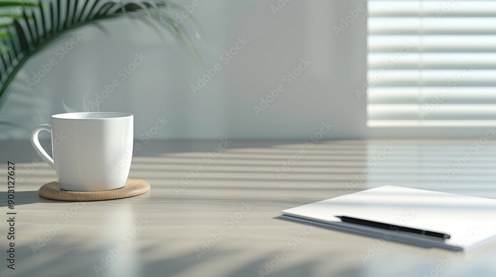 Obraz premium A detailed shot of a home office desk with a computer, a cup of coffee, and a notepad with a pen, with copy space, high-resolution photo, realistic photo