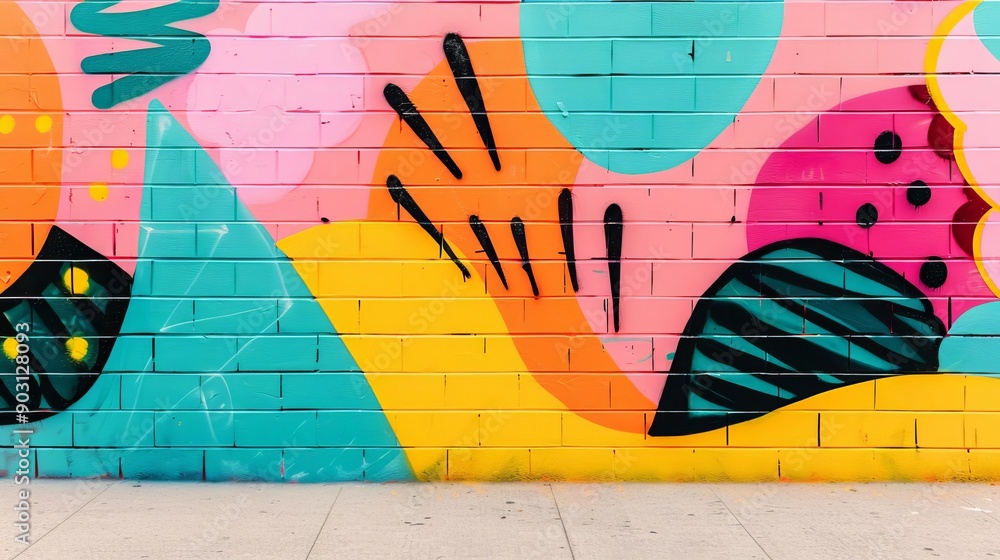 Naklejka premium Vibrant graffiti wall with neon colors and abstract patterns, street art texture, urban culture