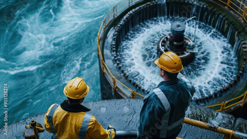 Engineers inspecting equipment at a hydropower facility, highlighting maintenance and operation photo