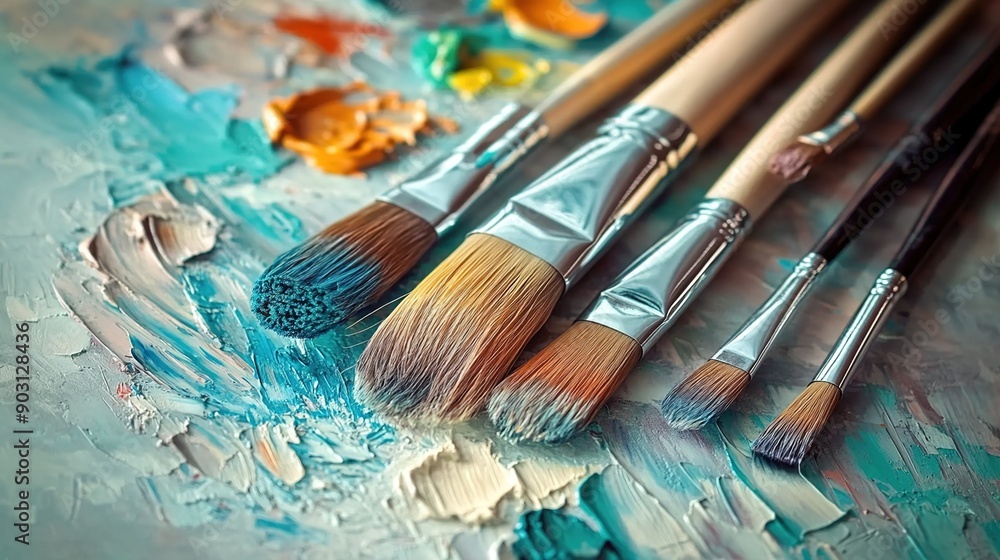 A close-up of paintbrushes and palette, with the background blurred to emphasize their texture and use in art creation. A close-up of paintbrushes and palette, with the background blurred to emphasize their texture and use in art creation.