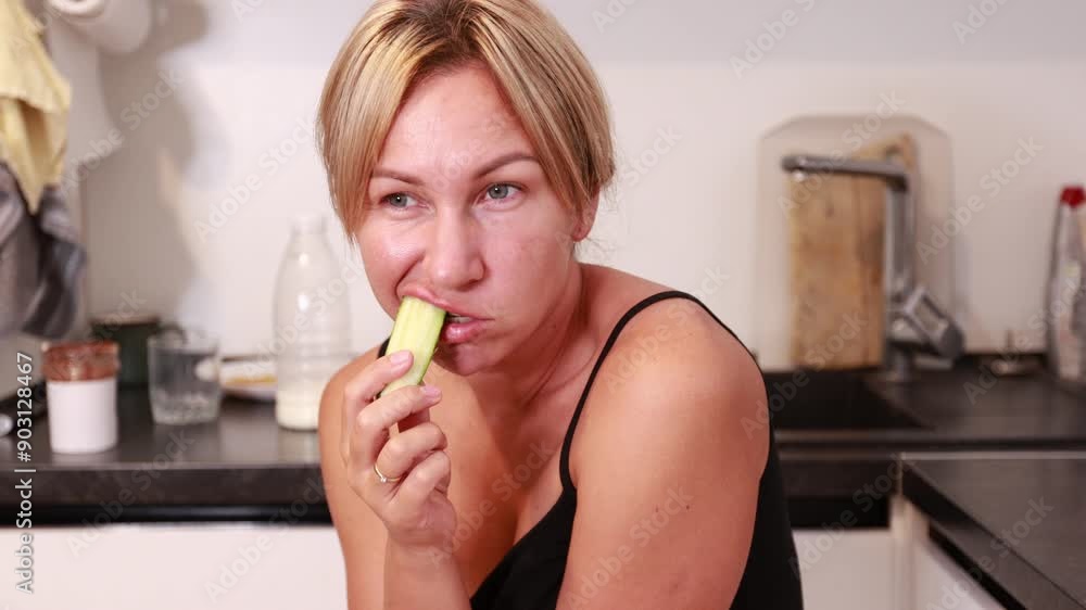 Caucasian Woman Enjoying Refreshing Snack in Cozy Kitchen Setting During Afternoon Caucasian Woman Enjoying Refreshing Snack in Cozy Kitchen Setting During Afternoon