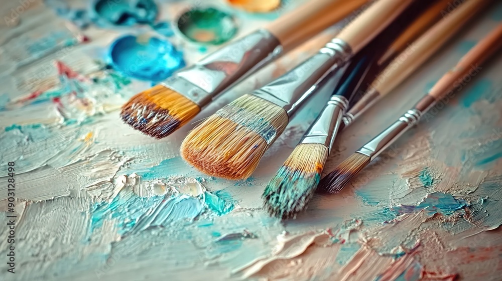 A close-up of paintbrushes and palette, with the background blurred to emphasize their texture and use in art creation. A close-up of paintbrushes and palette, with the background blurred to emphasize their texture and use in art creation.