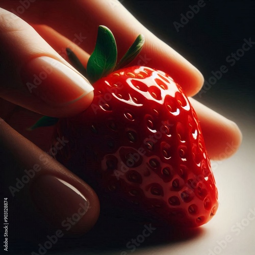 strawberry in hand, macro photo