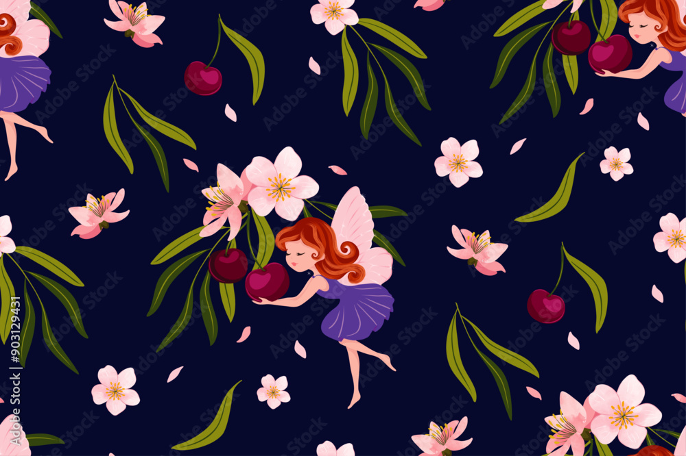 Cherry blossom branch and little fairy, seamless pattern design, vector illustration, watercolor details. Cherry blossom branch and little fairy, seamless pattern design, vector illustration, watercolor details.