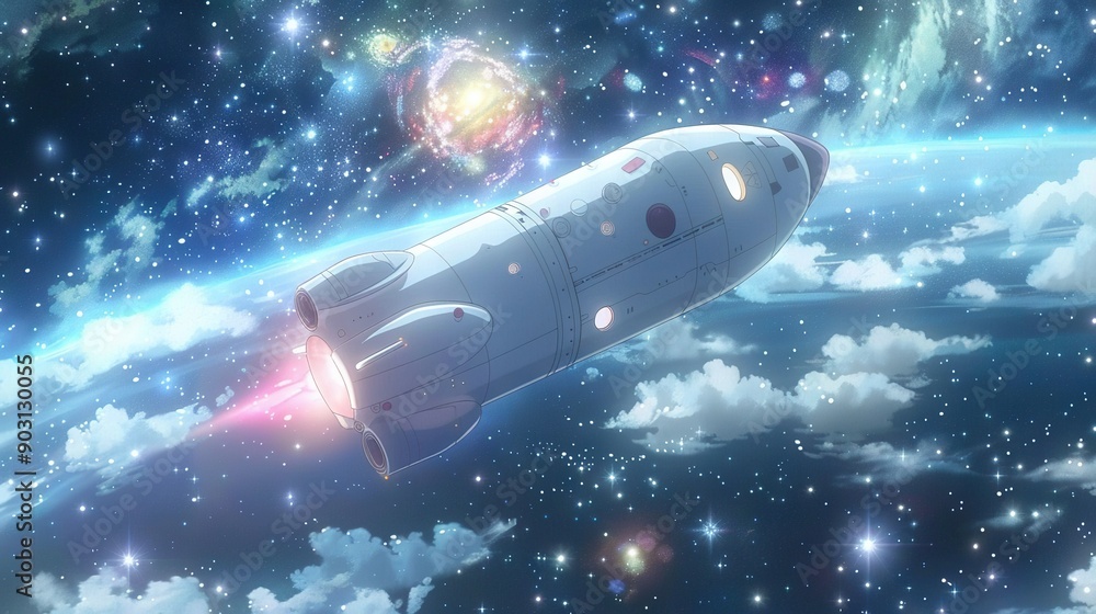 A picture of a spaceship flying in the sky with clouds, stars, and a planet in the foreground A picture of a spaceship flying in the sky with clouds, stars, and a planet in the foreground