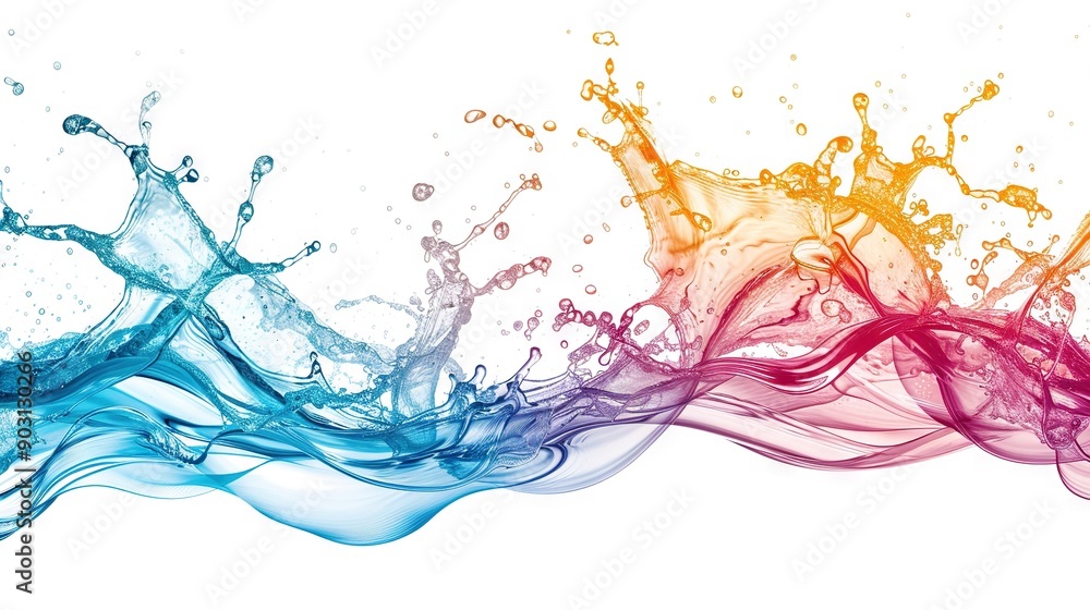 A vibrant wave of water crashes onto the shore, with a burst of blue splashing at its base A vibrant wave of water crashes onto the shore, with a burst of blue splashing at its base