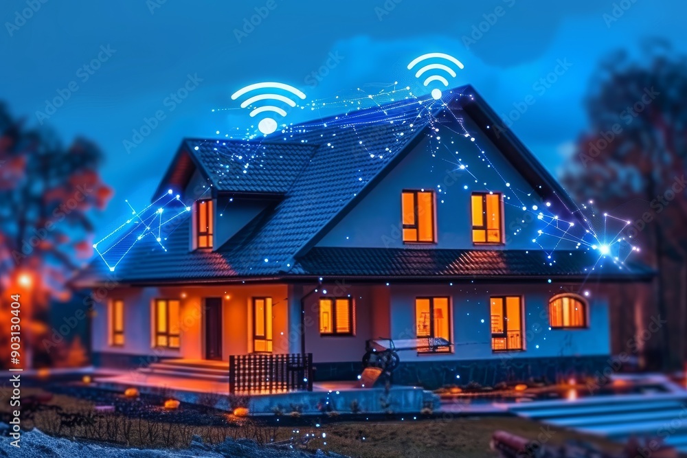Picture of Modern house with glowing Wi Fi signals and smart home technology ...