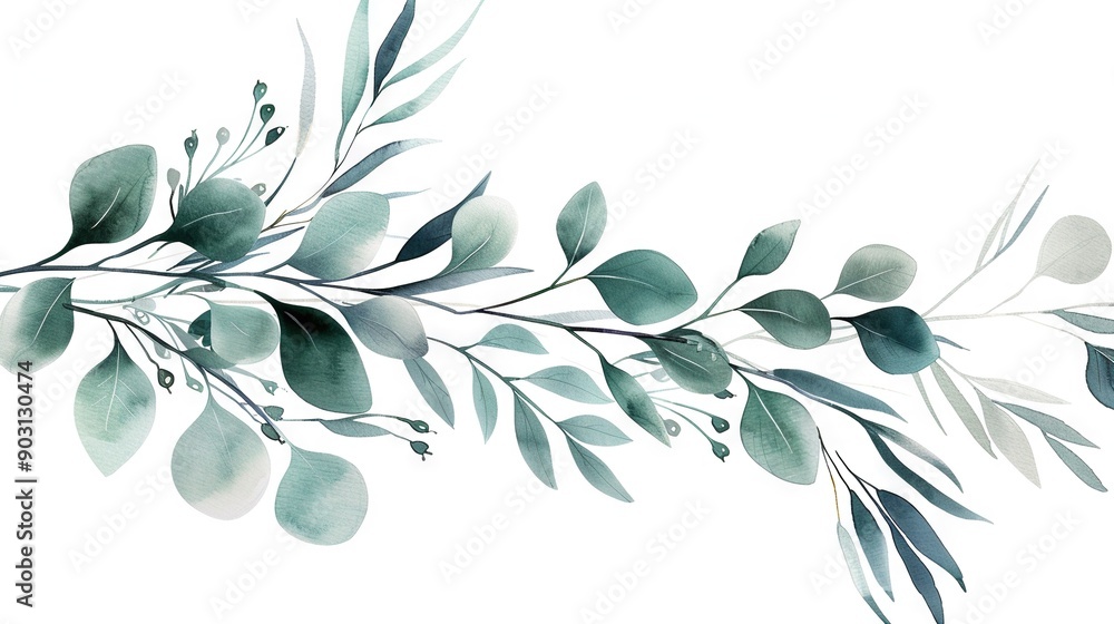 Watercolor painting of a tree branch with green leaves on a white background, allowing for text addition Watercolor painting of a tree branch with green leaves on a white background, allowing for text addition