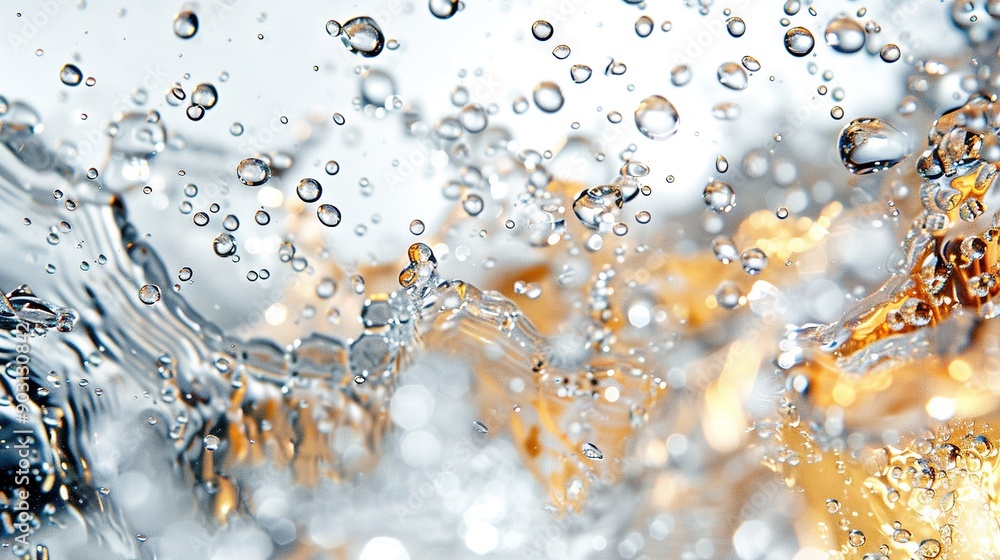 Fototapeta premium Close-up image of water droplets on a yellow and white surface with a blue sky in the background