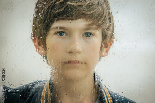 Fotografie Close up portrait of a boy looking through a rain-soaked window, with water droplets on the glass
