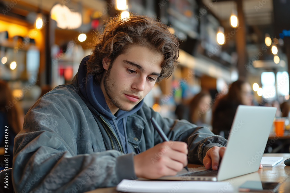 Focused young man studying in bustling coffee shop. An excellent choice for educational and lifestyle content. Suitable for marketing, editorial, and academic uses Focused young man studying in bustling coffee shop. An excellent choice for educational and lifestyle content. Suitable for marketing, editorial, and academic uses