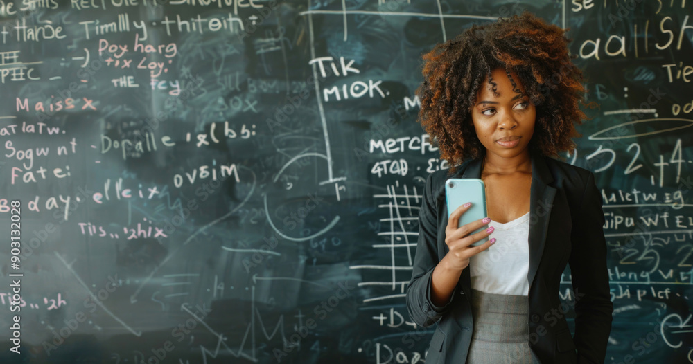 A young happy African-American female group leader teaching a computer science class. Video lesson at school, recorded on a smartphone. Online studying. Copy space A young happy African-American female group leader teaching a computer science class. Video lesson at school, recorded on a smartphone. Online studying. Copy space