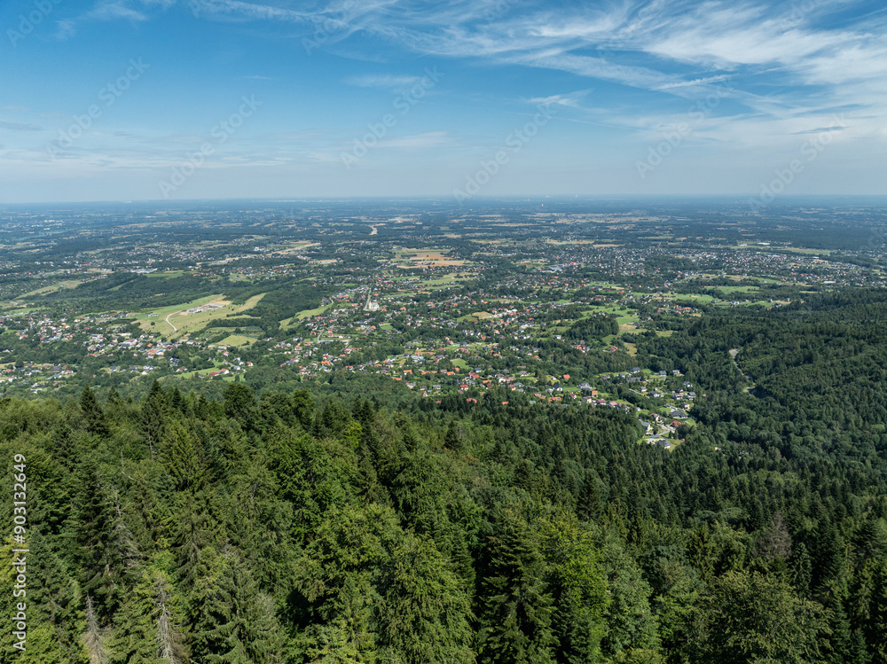 Obraz premium Stunning Aerial Drone View of Summer Green Forests in the Beskid Mountains, Bielsko Biala, Magurka Wilkowicka. Beskid summer mountains panorama.