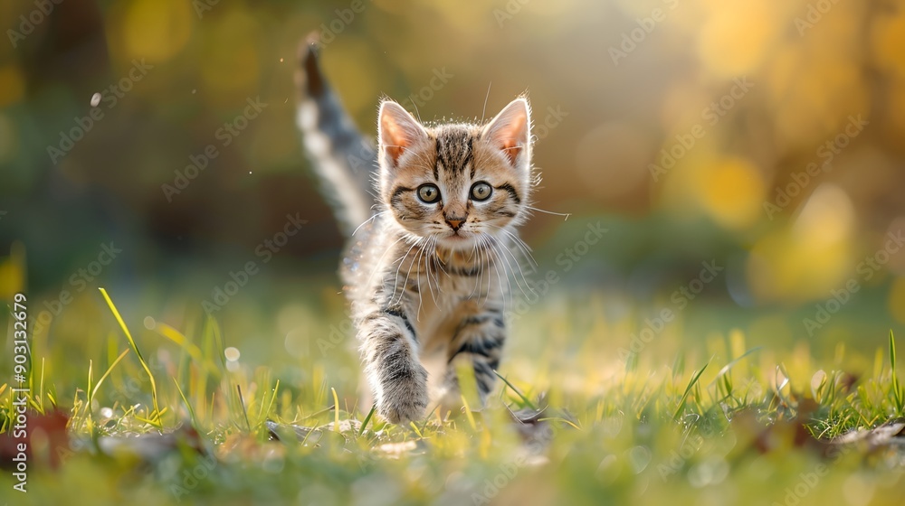 a small kitten walking across a lush green field of grass a small kitten walking across a lush green field of grass
