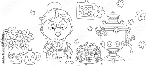 Funny granny drinking tea with freshly baked tasty pancakes at her kitchen table with a hot samovar and a flower vase, black and white vector cartoon illustration for a coloring book