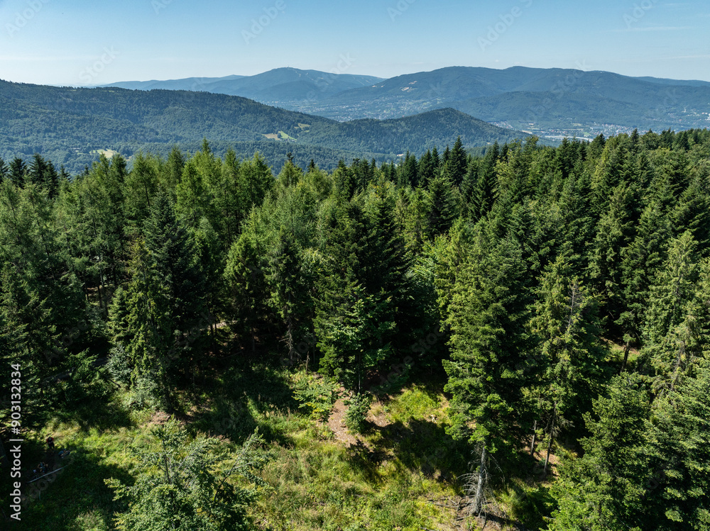 Stunning Aerial Drone View of Summer Green Forests in the Beskid Mountains, Bielsko Biala, Magurka Wilkowicka. Beskid summer mountains panorama. Stunning Aerial Drone View of Summer Green Forests in the Beskid Mountains, Bielsko Biala, Magurka Wilkowicka. Beskid summer mountains panorama.