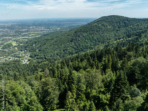 Stunning Aerial Drone View of Summer Green Forests in the Beskid Mountains, Bielsko Biala, Magurka Wilkowicka. Beskid summer mountains panorama. photo