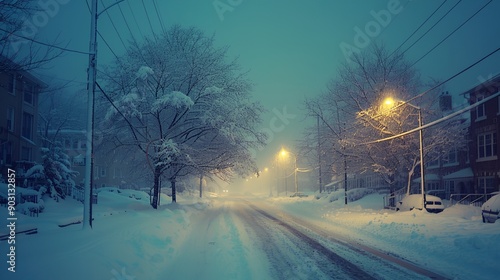 a snowy street with a few cars parked on the side of the road