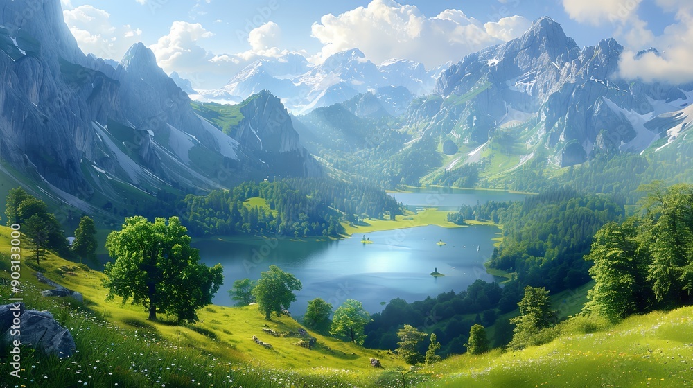 Fototapeta premium a painting of a mountain lake surrounded by trees and grass with a sky background