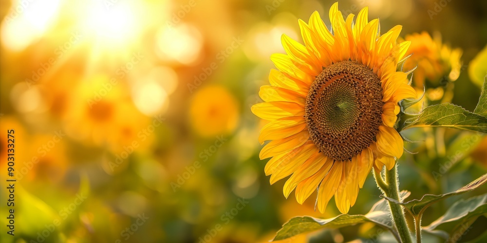 Fototapeta premium A detailed close-up of a glowing sunflower head, set against a golden, sun-drenched background evoking warmth and energy.