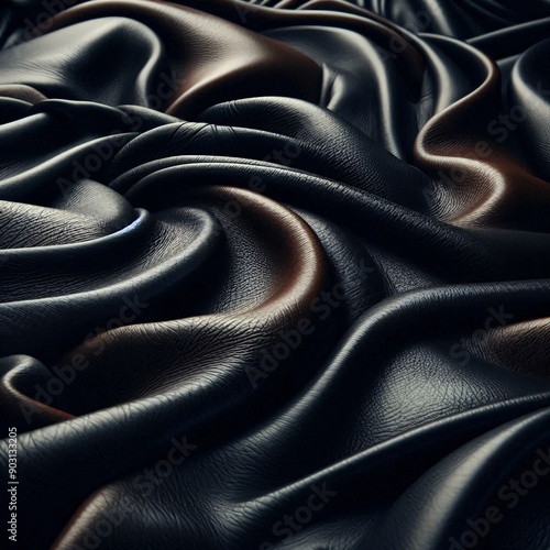 black leather, leather folds, leather texture, leather fabric, close-up, macro photo