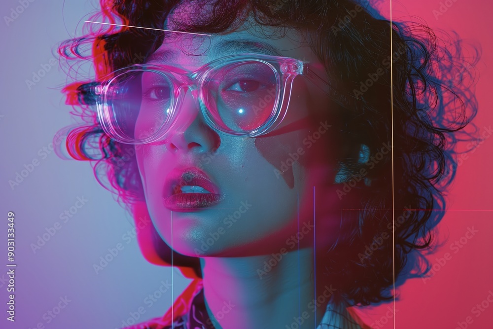 A woman's curly hair and glasses are illuminated by vibrant, colorful lighting creating a chroma shift effect A woman's curly hair and glasses are illuminated by vibrant, colorful lighting creating a chroma shift effect