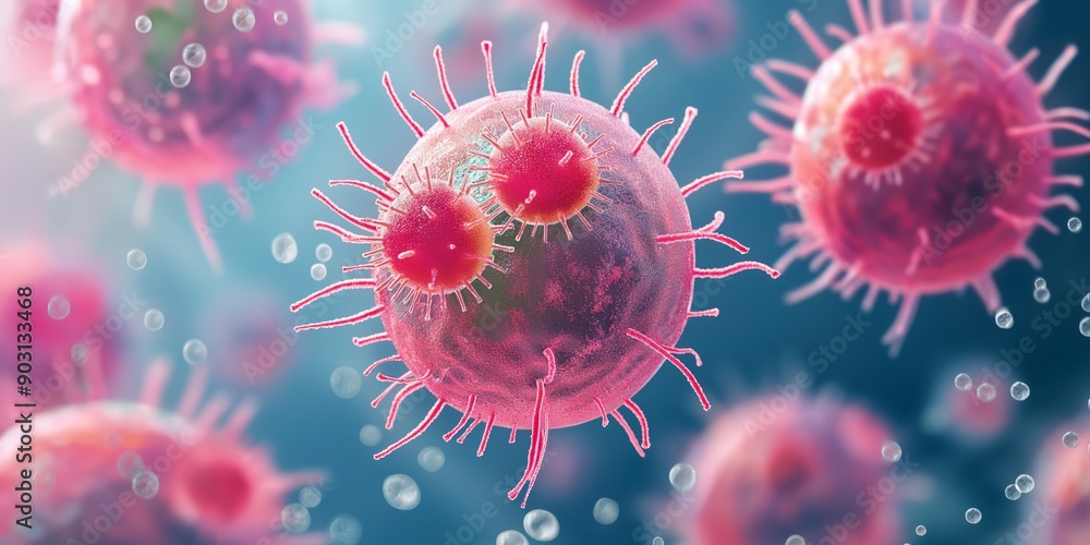 Pink virus cells with intricate details are suspended against a soft blue background, captured in a detailed close-up. Pink virus cells with intricate details are suspended against a soft blue background, captured in a detailed close-up.