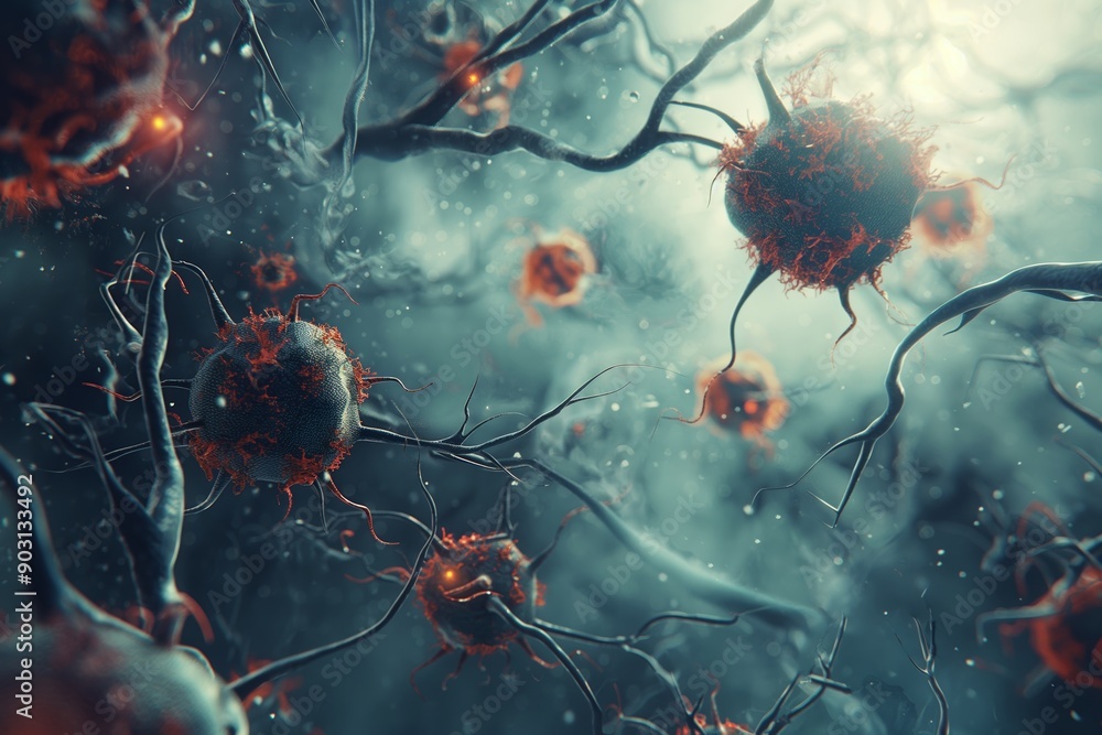 Complex arrangement of virus particles connected by strands floating in a misty enigmatic backdrop. Complex arrangement of virus particles connected by strands floating in a misty enigmatic backdrop.