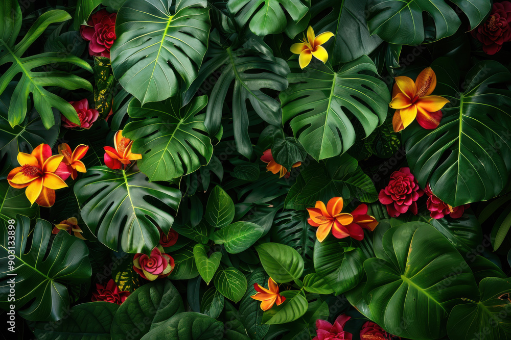 Texture botanical background. Morning in a jungle. Exotic leaves and flowers. Texture botanical background. Morning in a jungle. Exotic leaves and flowers.