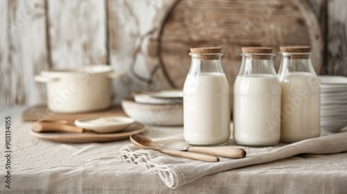 Three glass bottles of milk with cork lids placed on a rustic kitchen table, featuring also other kitchen utensils and a vintage cooking pot in the background. photo