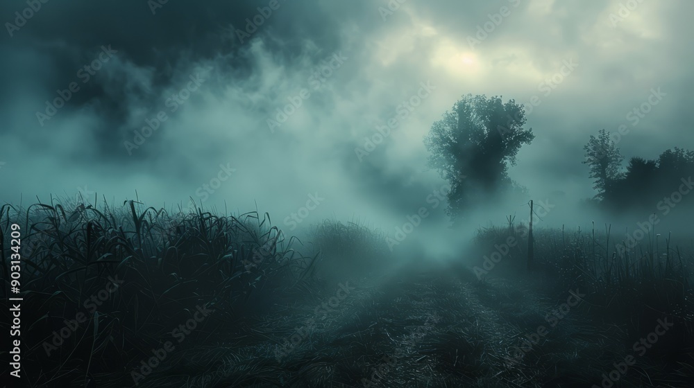 Dark, eerie field with white fog, mystical landscape on Halloween . Dark, eerie field with white fog, mystical landscape on Halloween .
