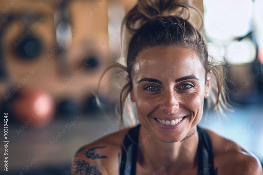 A fit muscular female personal trainer smiling at the camera in a gym, close up A fit muscular female personal trainer smiling at the camera in a gym, close up