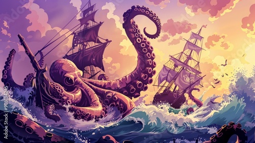 A cartoon illustration of a battle between a giant octopus and a pirate ship in a sea landscape