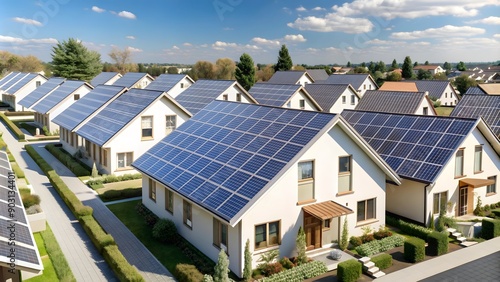 A row of Modern houses with solar panels on the roof. Alternative and Renewable energy concept. generative ai