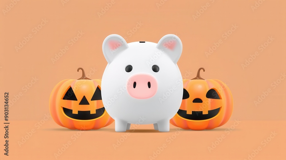 A playful piggy bank surrounded by festive Halloween pumpkins, perfect for savings-themed seasonal promotions. A playful piggy bank surrounded by festive Halloween pumpkins, perfect for savings-themed seasonal promotions.