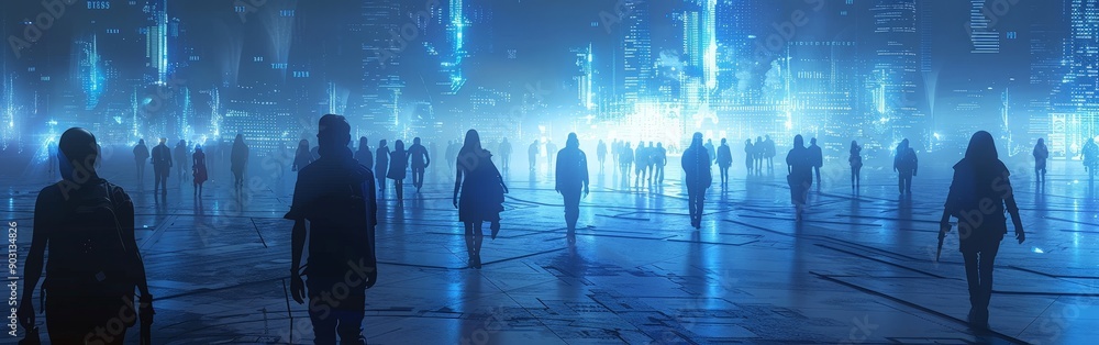 Futuristic Digital City with Glowing Pedestrians Futuristic Digital City with Glowing Pedestrians