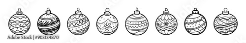 Collection of black and white outline illustrations of various Christmas ornaments with unique patterns and designs. Concept of holiday decoration, festive coloring, Christmas craft templates. Set