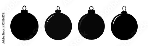 Set of simple black silhouettes of Christmas ornaments isolated on a white background. Concept of minimalist decoration, holiday icons, festive symbols, Christmas design elements. Clip art. Print