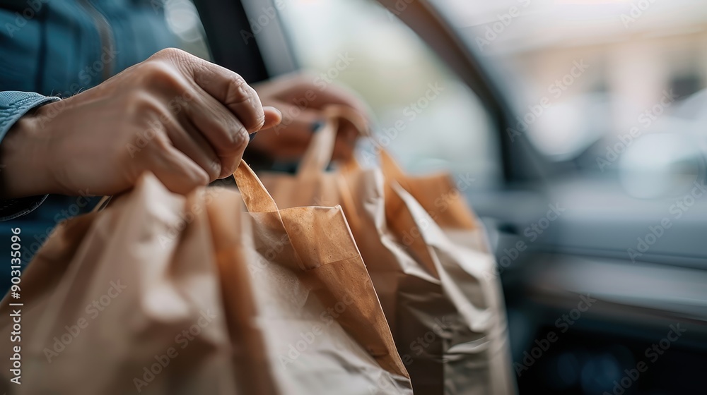 Obraz premium The image highlights hands holding several brown paper grocery bags, symbolizing a sustainable shopping choice, with the interior of a car in the background.