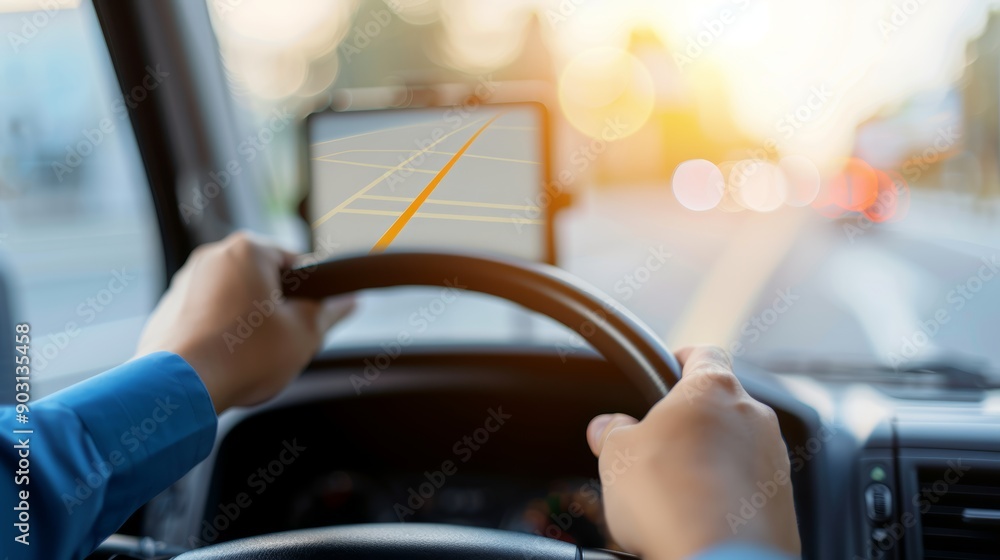 A driver checking the route on a GPS device in the truck, high resolution, with copy space, high-resolution photo, realistic photo A driver checking the route on a GPS device in the truck, high resolution, with copy space, high-resolution photo, realistic photo