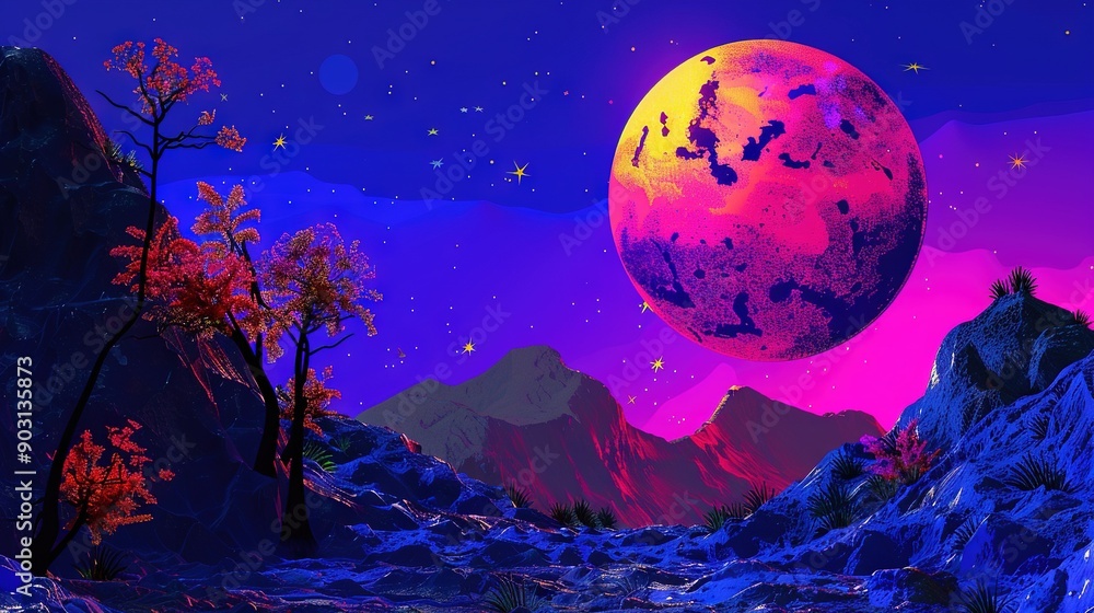 Naklejka premium A digital painting of a mountainous landscape under the light of a red moon at night