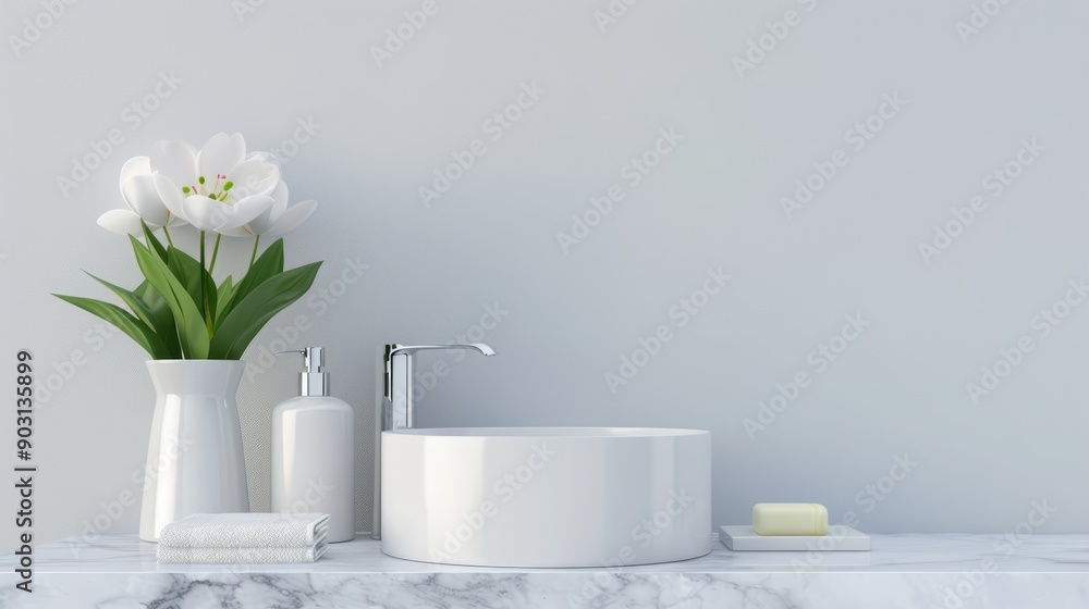 A modern bathroom counter with a marble sink, neatly arranged toiletries, and a vase of fresh flowers, with copy space, high-resolution photo, realistic photo A modern bathroom counter with a marble sink, neatly arranged toiletries, and a vase of fresh flowers, with copy space, high-resolution photo, realistic photo