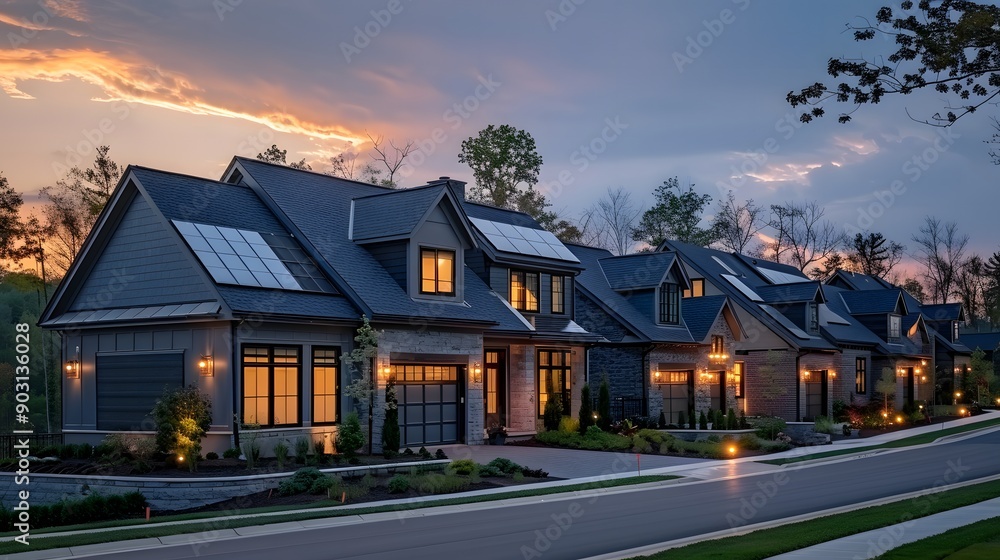 A row of Modern houses with solar panels on the roof. Alternative and Renewable energy concept. generative ai A row of Modern houses with solar panels on the roof. Alternative and Renewable energy concept. generative ai