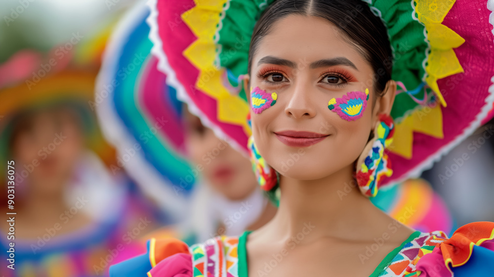 A woman in a colorful costume with a woman wearing a sombrero A woman in a colorful costume with a woman wearing a sombrero