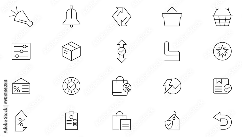 Shopping line icon set.Online shopping, E-Commerce, discount, gifts, shop, delivery, marketing, store, money, price, cashback, and card payment Outline icon collection. UI thin icons pack Shopping line icon set.Online shopping, E-Commerce, discount, gifts, shop, delivery, marketing, store, money, price, cashback, and card payment Outline icon collection. UI thin icons pack