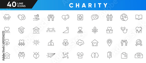 Charity line icon set. Almsgiving, donation, contribution, humanism, dole, welfare, caring for the elderly, helping homeless animals Outline icon collection UI thin icons pack.