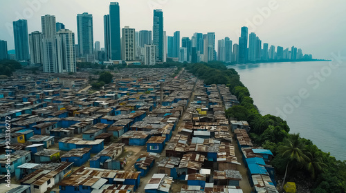 Aerial shot of a sprawling slum next to a modern city skyline, showcasing stark contrast between wealth and poverty  photo