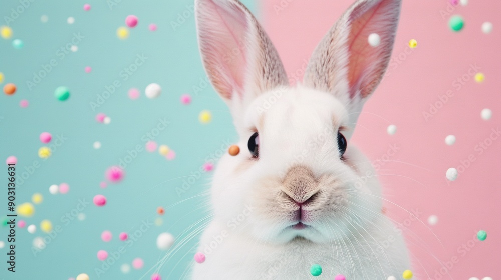Fototapeta premium A close-up of a rabbit's face with confetti on its ears, set against a pink and blue backdrop