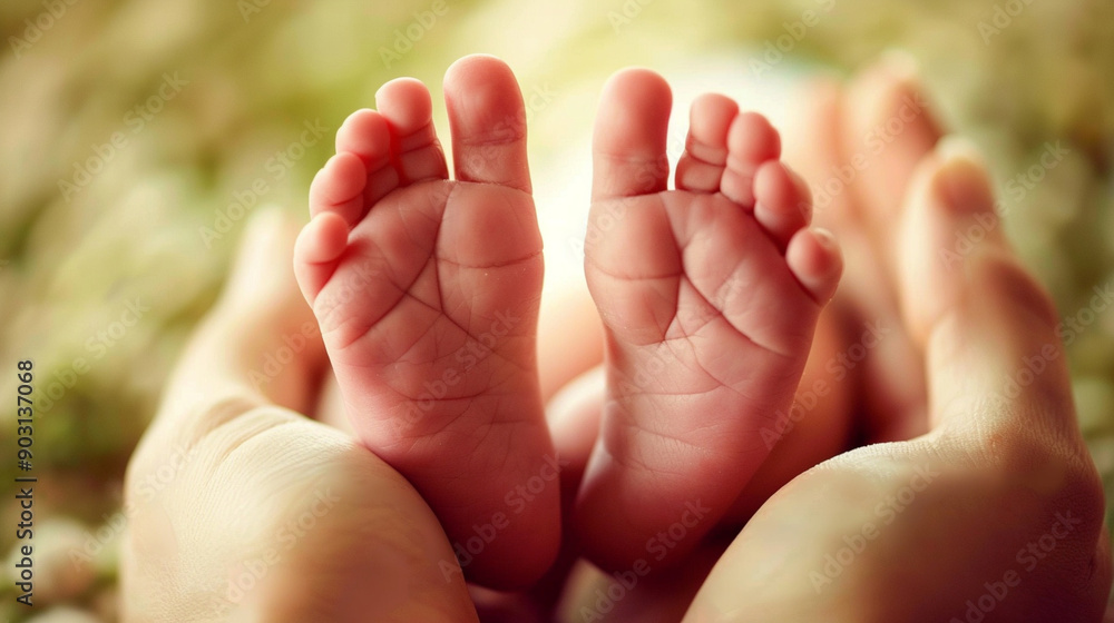 Close-up of a babyâs feet held in adult hands with abstract, soft focus Close-up of a babyâs feet held in adult hands with abstract, soft focus