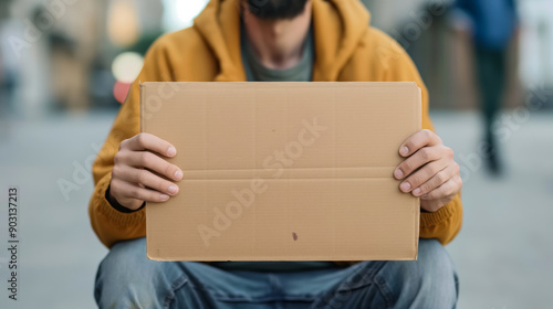 Closeup of a homeless person sitting on the sidewalk holding an empty cardboard sign  photo